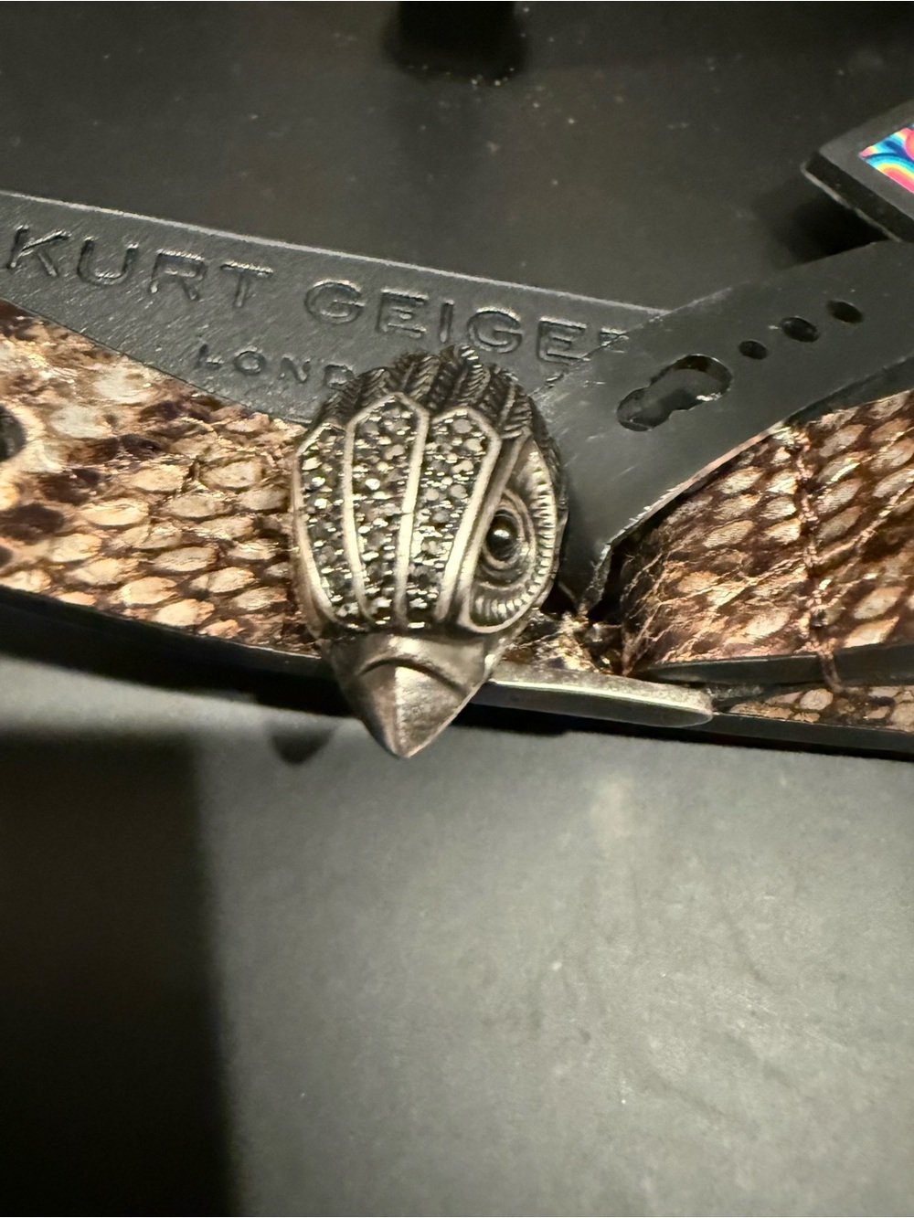 Kurt Geiger Brown Snake-Print Belt with Ornate Bird-Head Buckle